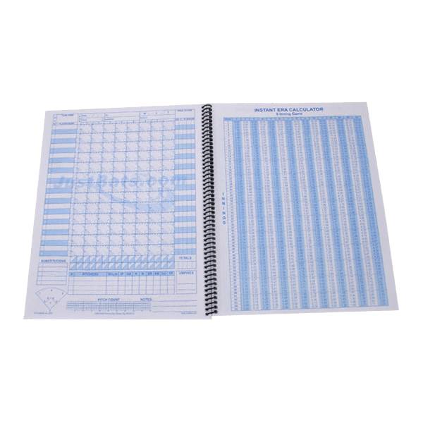 Open view of a white and blue baseball scorebook with a spiral binding and INSTANT ERA CALCULATOR text.