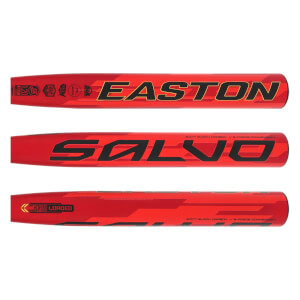 Side view of a red Easton Salvo softball bat with black lettering and geometric patterns.