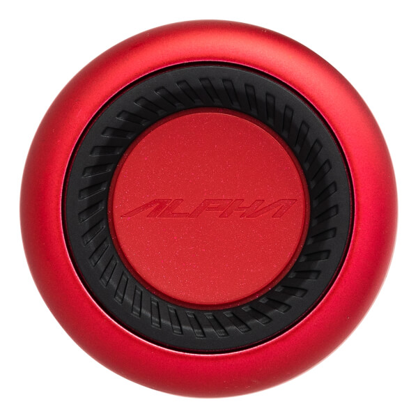 Top-down view of a red bat end cap with a black textured ring and ALPHA embossed in the center.
