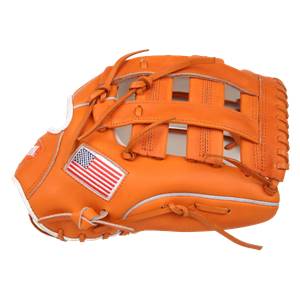 Side view of an orange baseball glove with an American flag patch and white trim.