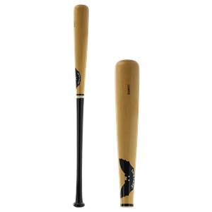 Side view of a natural wood baseball bat with black accents and SAM97 text.