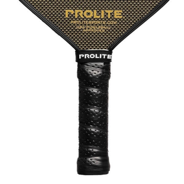 Close-up of a black pickleball paddle grip with PROLITE branding and a textured surface.