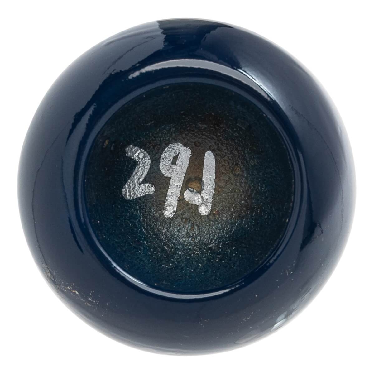 Top-down view of a blue baseball bat with 291 stamped on the end.