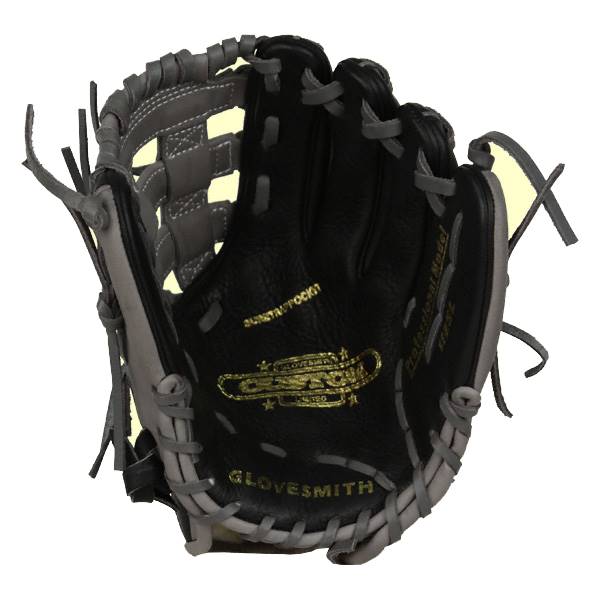 Inside view of a black and grey baseball glove with gold Glovemith logo and Professional Model 1125L text.