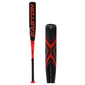 Side view of a black and red baseball bat with EASTON and USA text.
