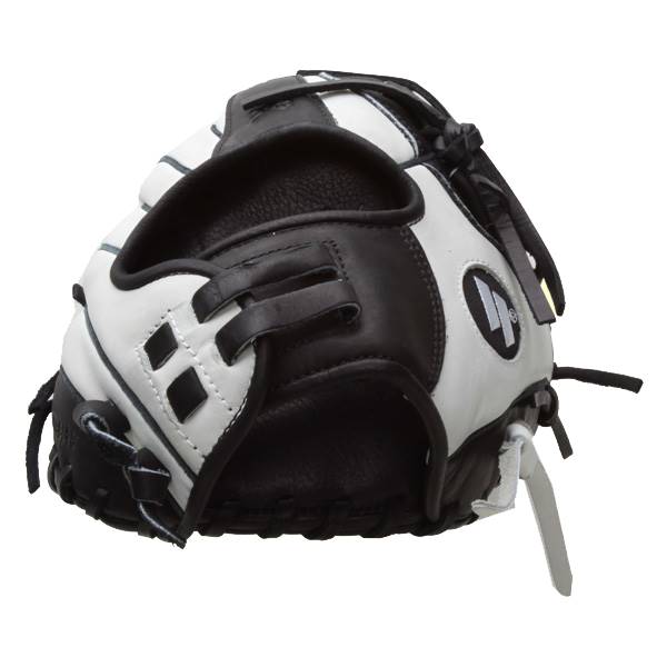 Front view of a black and white softball glove with a logo and lacing.
