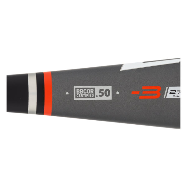 Side view of a gray baseball bat with BBCOR CERTIFIED .50 and -3 markings.