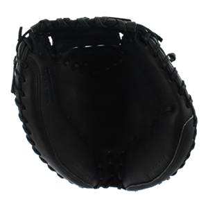 Top-down view of a black catchers mitt with a deep pocket and intricate lacing.
