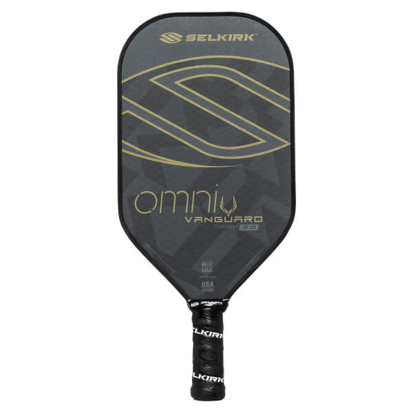 Front view of a black pickleball paddle with a large gold S graphic, omni text, and VANGUARD 2.0 branding.