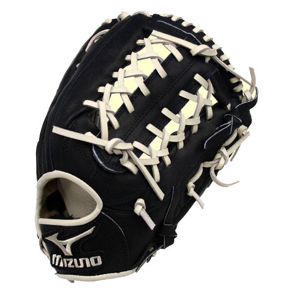 Corner view of a black baseball glove with white lacing and a Mizuno logo.