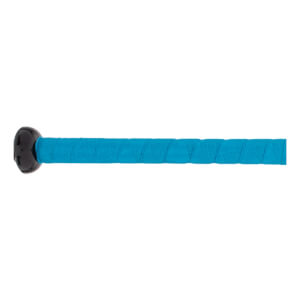 Side view of a blue fastpitch softball bat with a black end cap and textured grip.
