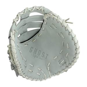 Top-down view of a grey fastpitch first base mitt with white lacing and GHOST - Softball Series text.
