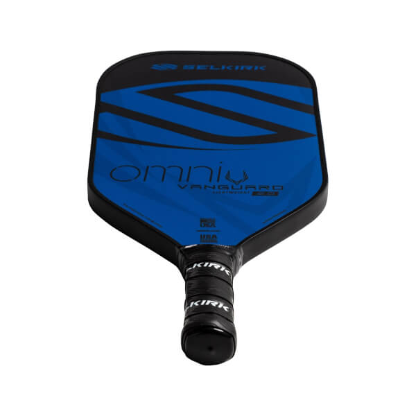 Top-down view of a blue Selkirk VANGUARD 2.0 Omni pickleball paddle with black grip and blue stripes.