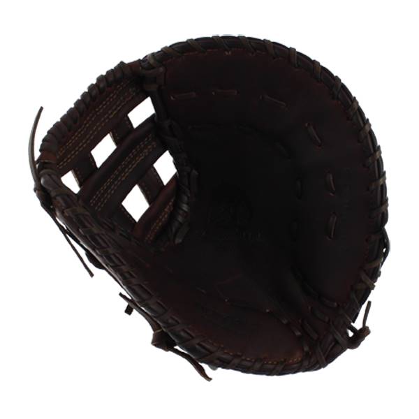 Top-down view of a dark brown baseball glove with a woven web and stitched finger stalls.
