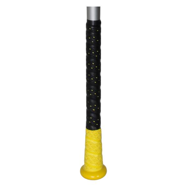 Close-up of a black baseball bat grip with yellow dots and a yellow knob.