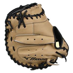 Side view of a tan catchers mitt with black lacing and a Mizuno logo.