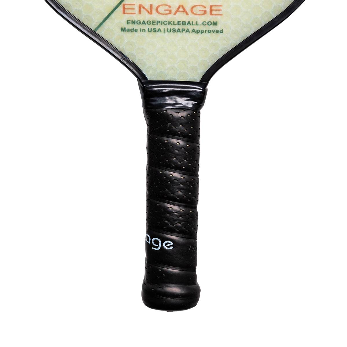 Close-up of a black pickleball paddle grip with textured surface and Engage text.