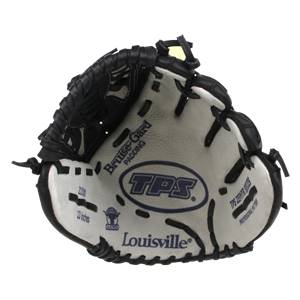 Front view of a white and black Louisville Slugger fastpitch glove with TPS branding and Bruise-Guard Padding text.