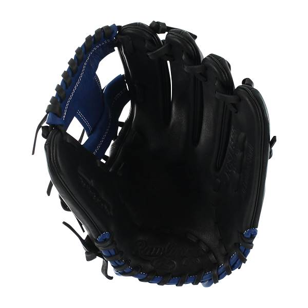 Interior view of a black baseball glove with blue accents and Rawlings branding.