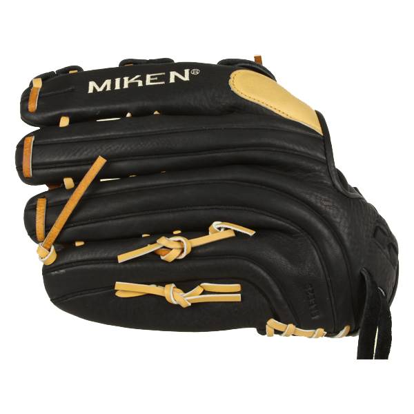 Side view of a black softball glove with tan lacing and MIKEN branding.