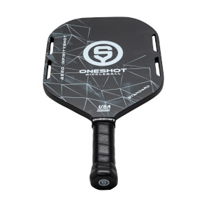 Top-down view of a black pickleball paddle with a white geometric pattern, Oneshot logo, and USA Pickleball Approved stamp.
