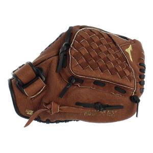 Side view of a brown baseball glove with a woven pocket and gold Mizuno logo.