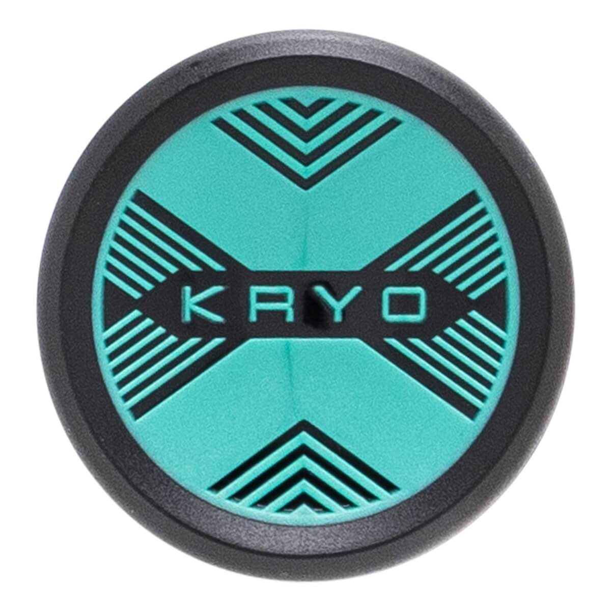 Top-down view of the circular end cap featuring a teal and black geometric design with the word KRYO centered in a black bar.