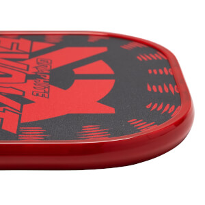 Corner view of a red pickleball paddle with black and red EVOKE and GRAPHITE graphics.