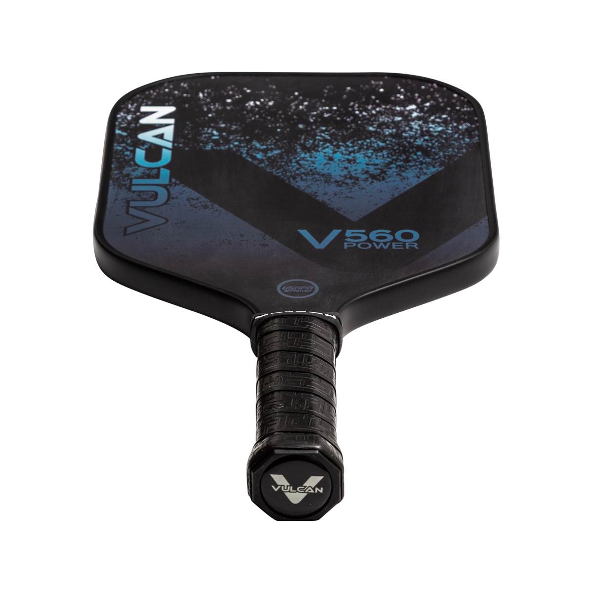 Top-down view of a black Vulcan V560 Power pickleball paddle with blue speckles and V560 POWER text.