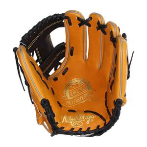 Front view of an orange baseball glove with black lacing and gold Rawlings branding.