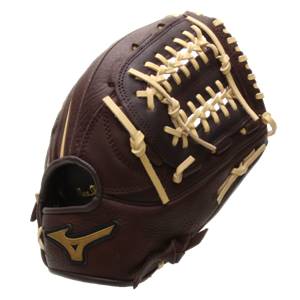 Side view of a brown baseball glove with tan lacing and a gold Mizuno logo.