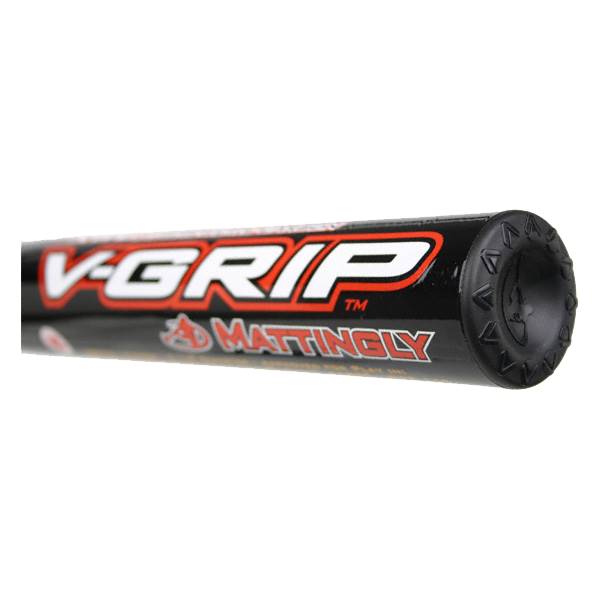 Close-up of a black baseball bat with red and white V-GRIP text and MATTINGLY logo.