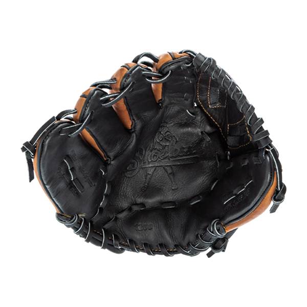 Top-down view of a black baseball glove with tan accents and white stitching.