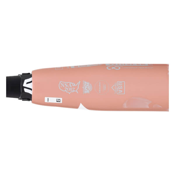 Close-up side view of a peach fastpitch softball bat with multiple certification stamps and a small barcode sticker.