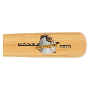 Side view of a bamboo baseball bat with M^POWERED PYTHON text and a snake coiled around a baseball graphic.