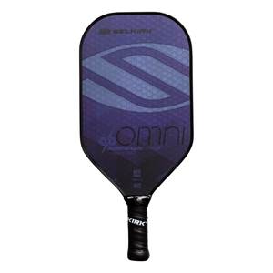 Front view of a purple pickleball paddle with a large S-curve graphic, OMNI text, and KIRK on the grip.