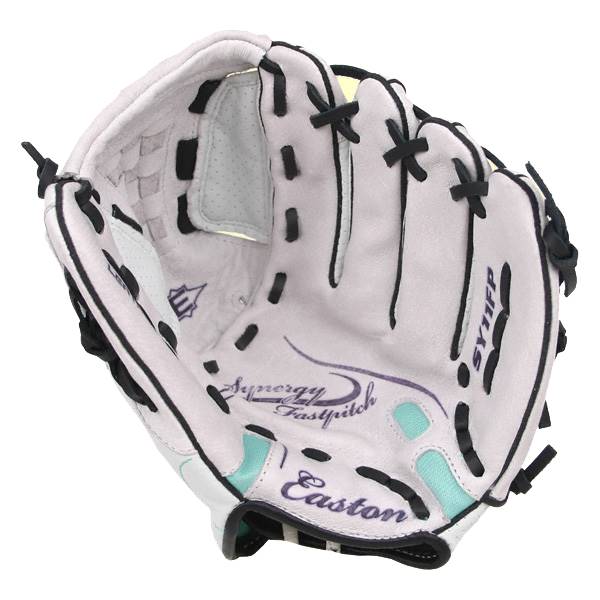 Top-down view of a white Easton Synergy Fastpitch youth glove with black lacing and teal accents.