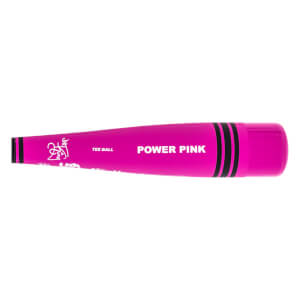 Top-down view of a pink tee ball bat with POWER PINK text and black stripes.