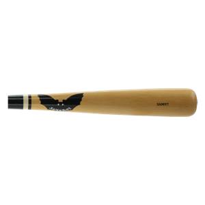 Side view of a natural wood baseball bat with a black bat logo and SAM97 text.