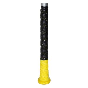 Close-up of a black baseball bat grip with yellow dots and a yellow knob.