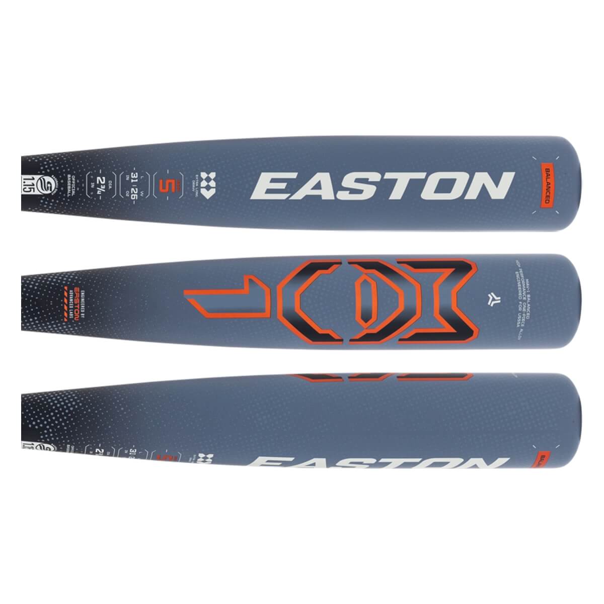 Multi-panel view of a grey baseball bat with white EASTON logo, orange geometric graphics, and USSSA specifications.
