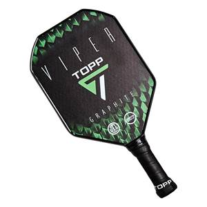 Top-down view of a black pickleball paddle with green scale pattern, VIPER text, and USA APPROVED seal.