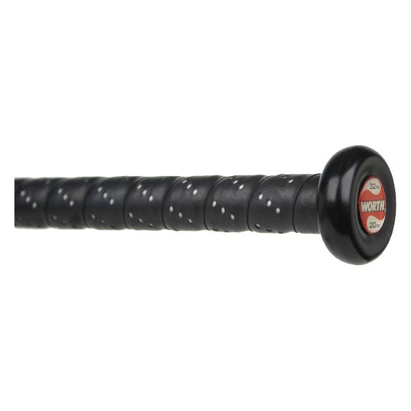 Side view of a black softball bat with a perforated grip and WORTH logo on the knob.