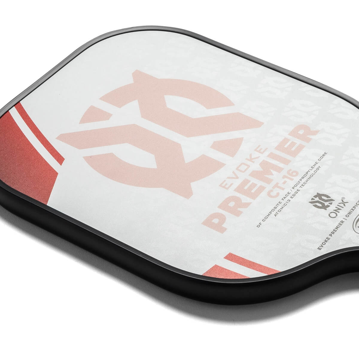 Corner view of a white pickleball paddle with a large pink logo, red stripes, and PREMIER CT-16 text.