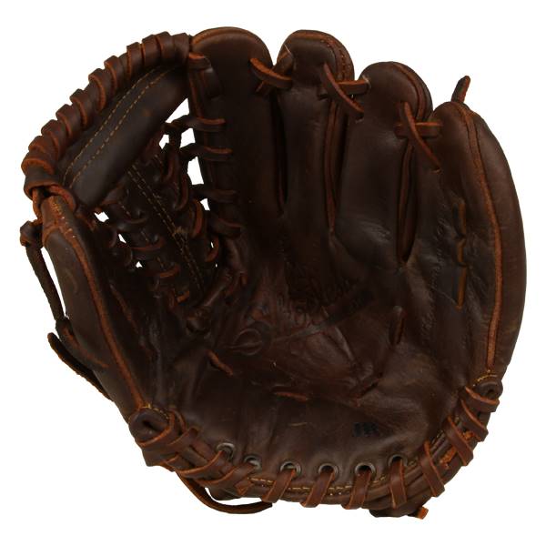 Top-down view of a brown baseball glove with visible lacing and a pocket.