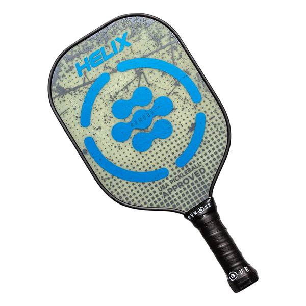 Top-down view of a light green pickleball paddle with blue HELIX and Armour branding, and USA Pickleball Approved text.