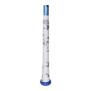 Close-up of a white baseball bat grip with a silver star pattern and blue end cap.