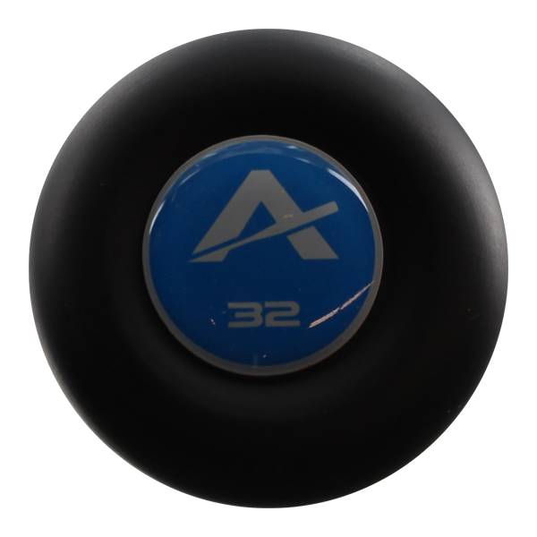 Top-down view of a black baseball bat with a blue end cap featuring a grey A logo and 32.