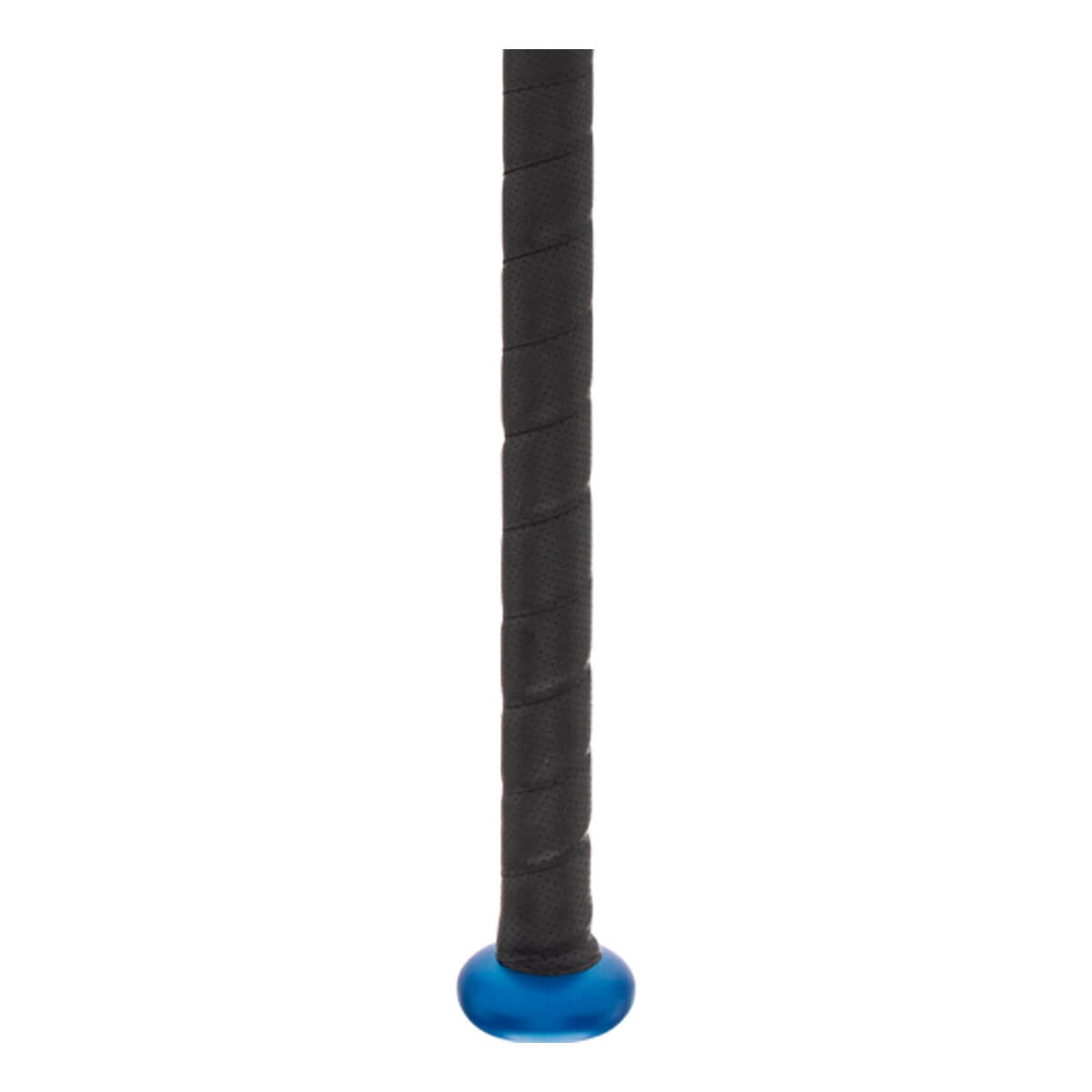 Close-up of a black baseball bat grip with a blue end cap.