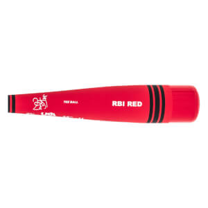 Top-down view of a red tee ball baseball bat with RBI RED and black stripes.